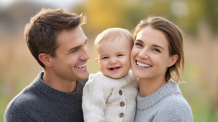 A joyful family moment with parents smiling and holding their baby in a beautiful outdoor setting, showcasing love and happiness.
