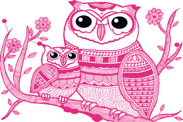 Madhubani Painting Pink Owls . Transparent png image of Indian Folk Art two owls sitting on the branch of tree .