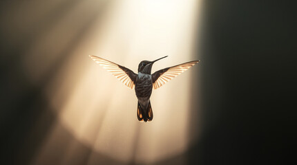 Hummingbird with volumetric lighting, beams of light piercing fog or dust, creating depth and atmosphere..jpg