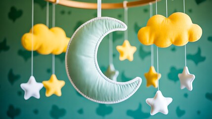 Cute hanging mobile with moon stars and clouds for baby nursery decoration