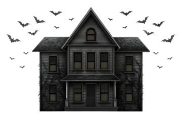 Spooky victorian haunted house with bats flying in the dark night