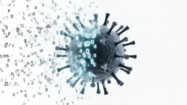 Digital Virus Destruction - A 3D video depicts a virus disintegrating, with digital data fragments flying away.