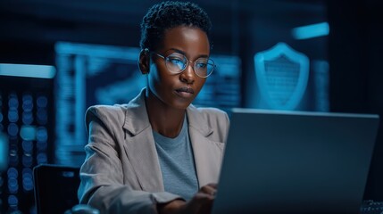 A focused woman wearing glasses works on a laptop in a dark, high-tech environment with digital security graphics in the background.