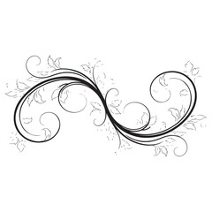 Decorative floral swirl illustration with leaves and curly elements in black and white