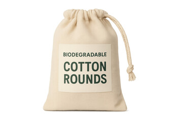 Biodegradable cotton rounds in cloth bag on transparent background