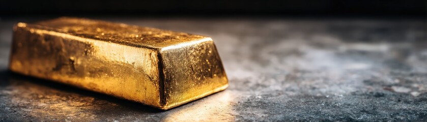A shiny gold bar rests on a textured surface, reflecting light and highlighting its rich metallic luster.