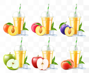 Set of clear plastic cups with juice or smoothie. Cup with sphere dome cap for milkshake, lemonade. Fruity organic shake with different exotic fruits. Fruit cocktail. Realistic 3d vector template