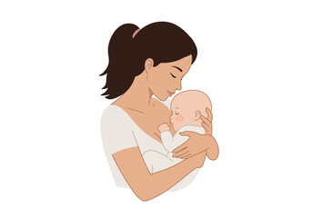 A mother fairskinned holds her sleeping baby in her arms embracing the infant The mother has dark hair tied up