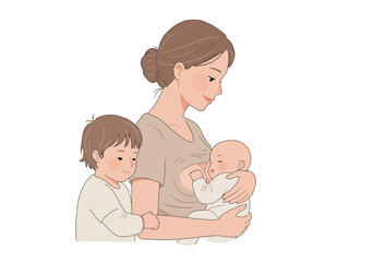 A woman breastfeeding a baby with a young child standing next to her all depicted in a stylized illustration