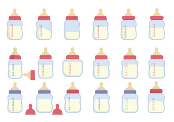 Baby bottles filled with liquid are arranged in a grid Some have caps or nipples near them