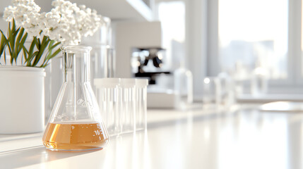 A modern laboratory scene showcasing a flask with orange liquid, test tubes, and fresh flowers, highlighting scientific innovation.