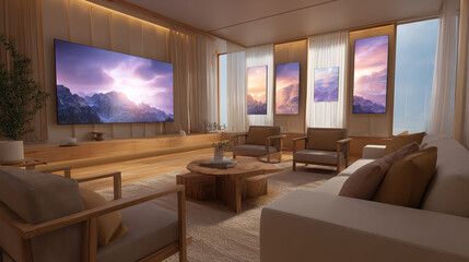 A modern living room featuring elegant furniture and stunning wall art, creating a cozy and inviting atmosphere.