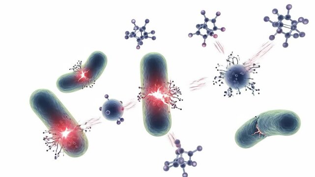 Molecular Destruction of Bacteria - Microscopic view of molecules attacking and destroying bacteria cells. The video depicts the process of bacterial cell lysis caused by molecular interaction.