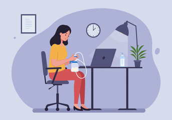 Woman pumping breast milk at desk with laptop plant lamp clock and framed art