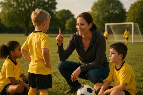Enthusiastic mother coaching a group of young soccer players on a grassy field, fostering teamwork and sportsmanship in a sunny outdoor setting