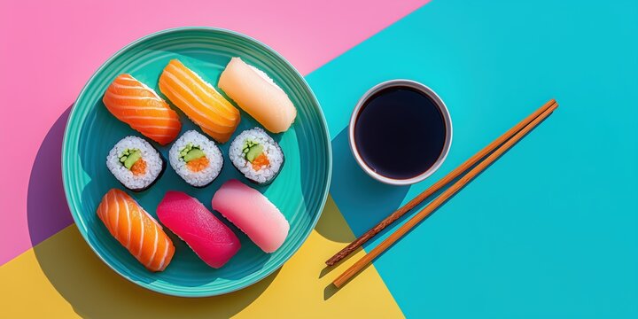 Colorful assortment of fresh sushi with soy sauce and chopsticks on vibrant pastel background for restaurant marketing.