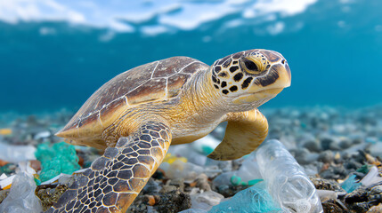 Fototapeta premium A sea turtle gliding through a beautiful underwater landscape, surrounded by plastic pollution highlighting environmental concerns.