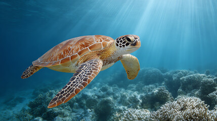 Obraz premium A sea turtle gracefully swims through a vibrant coral reef, surrounded by shimmering blue waters and beams of sunlight.