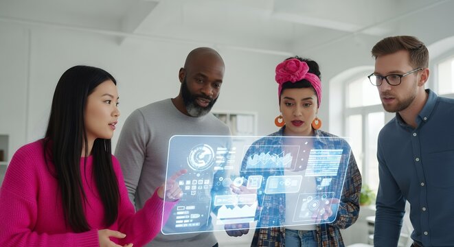 Diverse Team Collaborates on Futuristic Holographic Interface