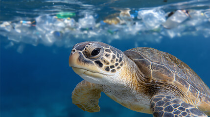 Obraz premium A sea turtle swims gracefully beneath the surface, surrounded by plastic pollution highlighting environmental concerns.