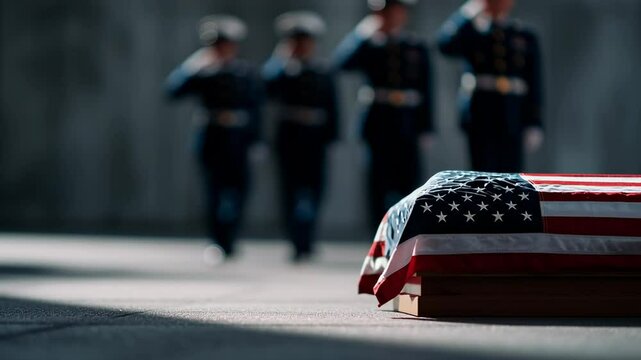 Flag draped coffin in front of police training academy honor guard standing in salute during solemn ceremony with officers in formation