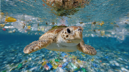 Obraz premium A sea turtle swims through a body of water filled with plastic waste, highlighting marine pollution and its impact on wildlife.