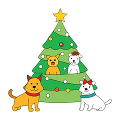 Dogs and cats gather around a festive Christmas tree, sharing holiday joy with ornaments, twinkling lights, and cozy cheer in a warm, heartwarming scene.