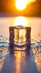 Ice cube at sunset, bathed in golden light