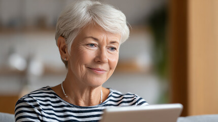 A senior woman enjoys using her tablet at home, reflecting comfort and modern technology in daily life.