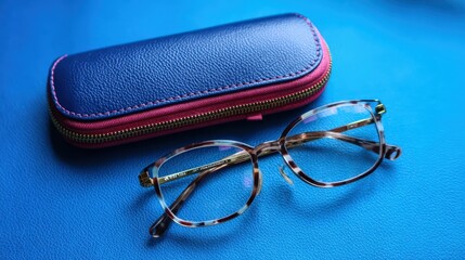 A pair of tortoiseshell eyeglasses rests on a blue textured surface next to a dark blue leather eyeglass case with a zipper.
