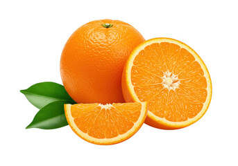 Fresh ripe orange fruit with slices and green leaves isolated on transparent background