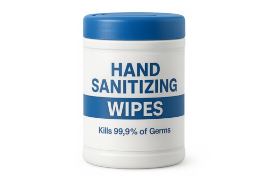 Hand sanitizing wipes container killing 99.9% of germs on transparent background