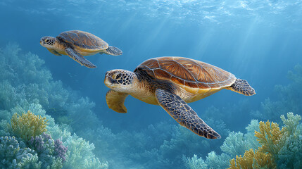 Obraz premium A serene underwater scene featuring two beautiful sea turtles swimming gracefully among vibrant coral reefs.