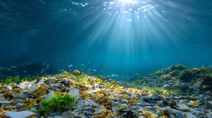Fototapeta premium A serene underwater scene showcasing sunlight filtering through water, illuminating rocky seabed with vibrant marine plants.