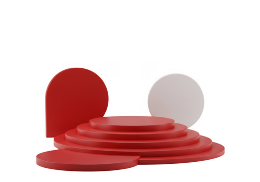 Red and white geometric shapes forming a tiered display podium isolated on transparent background