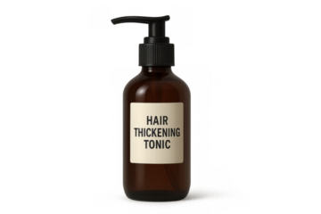 Hair thickening tonic in a dispenser bottle on transparent background