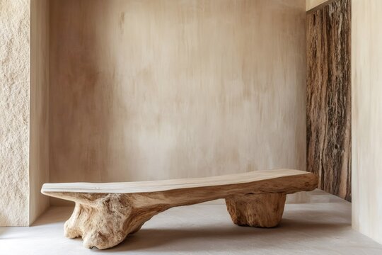 Raw wooden bench placed against textured walls, creating a serene and minimalist aesthetic in an interior space with natural elements