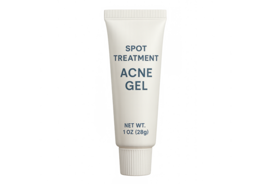 White plastic tube of acne spot treatment gel on transparent background