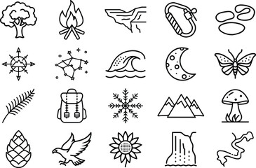 A collection of minimalist line art icons representing various aspects of nature and outdoor activities. Perfect for use in website design, print materials, and other creative projects related to camp