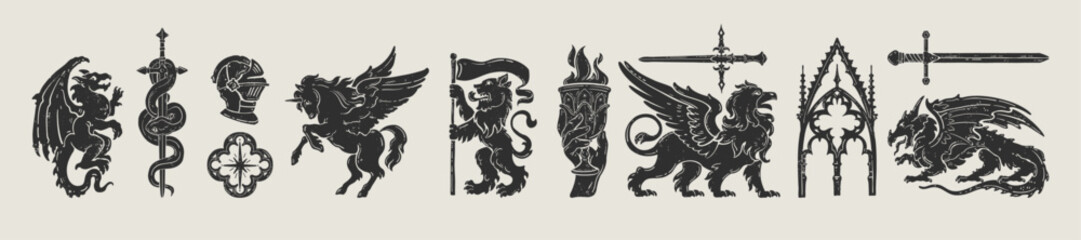 Fototapeta premium Medieval heraldic fantasy beasts, linocut magic dragon print, engraving mythology animal silhouette. Royal knight European folklore illustration set, griffin, lion, pegasus. Medieval magic beast icon