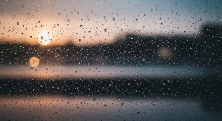 Obraz premium Rainy Sunset View Through Window Glass
