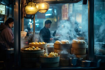 Delicious, steaming dim sum being prepared in bamboo steamers at a bustling tea house in Hong Kong