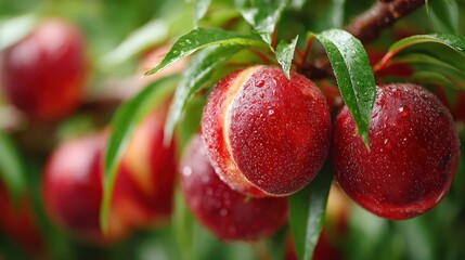 Obraz premium Ripe Nectarines on Branch with Dew Drops