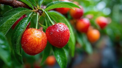 Obraz premium Ripe Cherries: Close-Up of Fresh Fruit on Branch