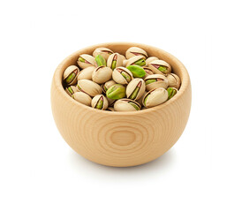 Pistachio in wooden bowl isolated on white background.