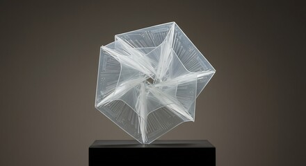 Translucent geometric starlike sculpture with radiating lines on dark pedestal against plain background
