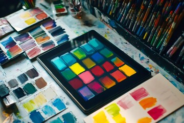 Colorful digital color palette displayed on a tablet surrounded by physical color charts and paintbrushes in a painter's studio
