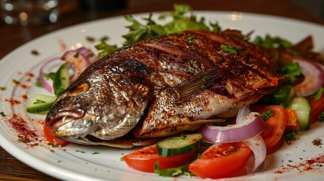 Grilled fish paired with a fresh vegetable salad adorned with onions and a touch of sumac seasoning