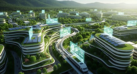 Futuristic Cityscape with Green Roofs Solar Panels and HighSpeed Transportation