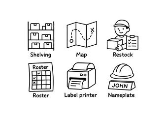 hand drawn cute doodle style isolated warehouse clerk shelving map warehouse clerk restock schedule warehouse clerk roster warehouse clerk packing label printer warehouse clerk safety